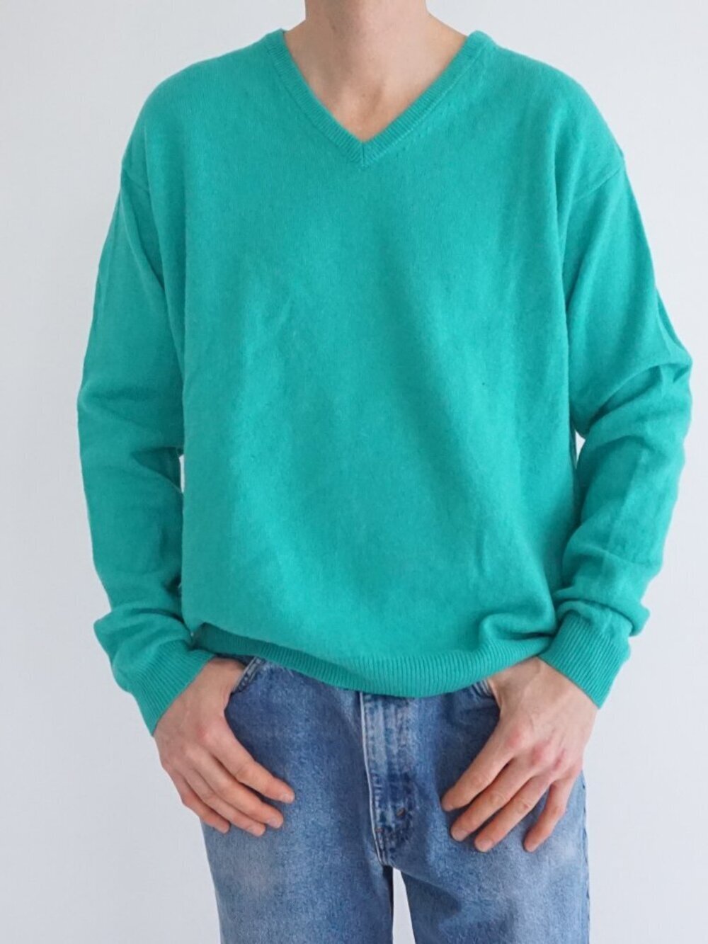 Vintage Woolovers Teal V Neck Luxury Cashmere Knit Designer Sweater XL